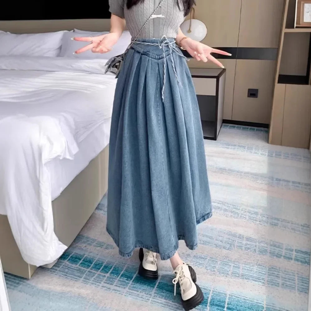 Plus Size Denim Pleated High Waist Midi Skirt Women's Design Sense Half Body Skirt Hip Conceal Slim a Line Skirt