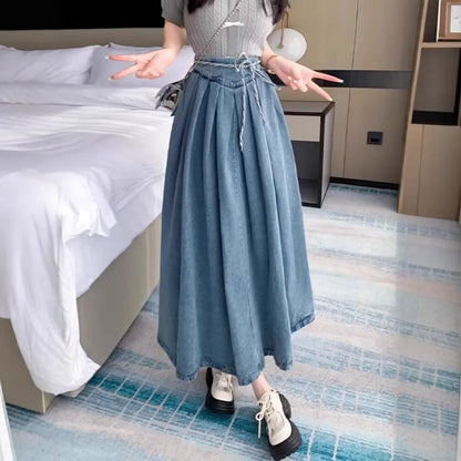 Plus Size Denim Pleated High Waist Midi Skirt Women's Design Sense Half Body Skirt Hip Conceal Slim a Line Skirt
