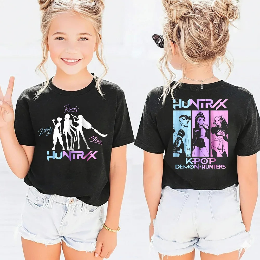 T-shirt per bambini in puro cotone con stampa fronte-retro a tema K-Pop "Demon Hunters" di HUNTRX, un vero successo di vendite.