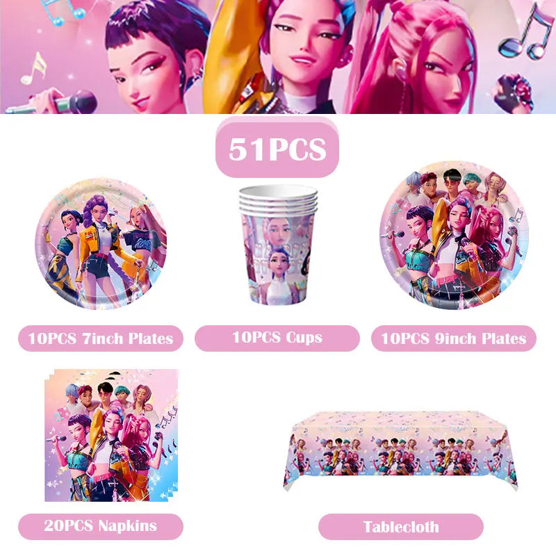 Kpop Demon Hunter Birthday Decoration Set Kpop Girl Cup Pate Happy Balloon Happy Banner Gift Bags Supplies for Kids Party Favors