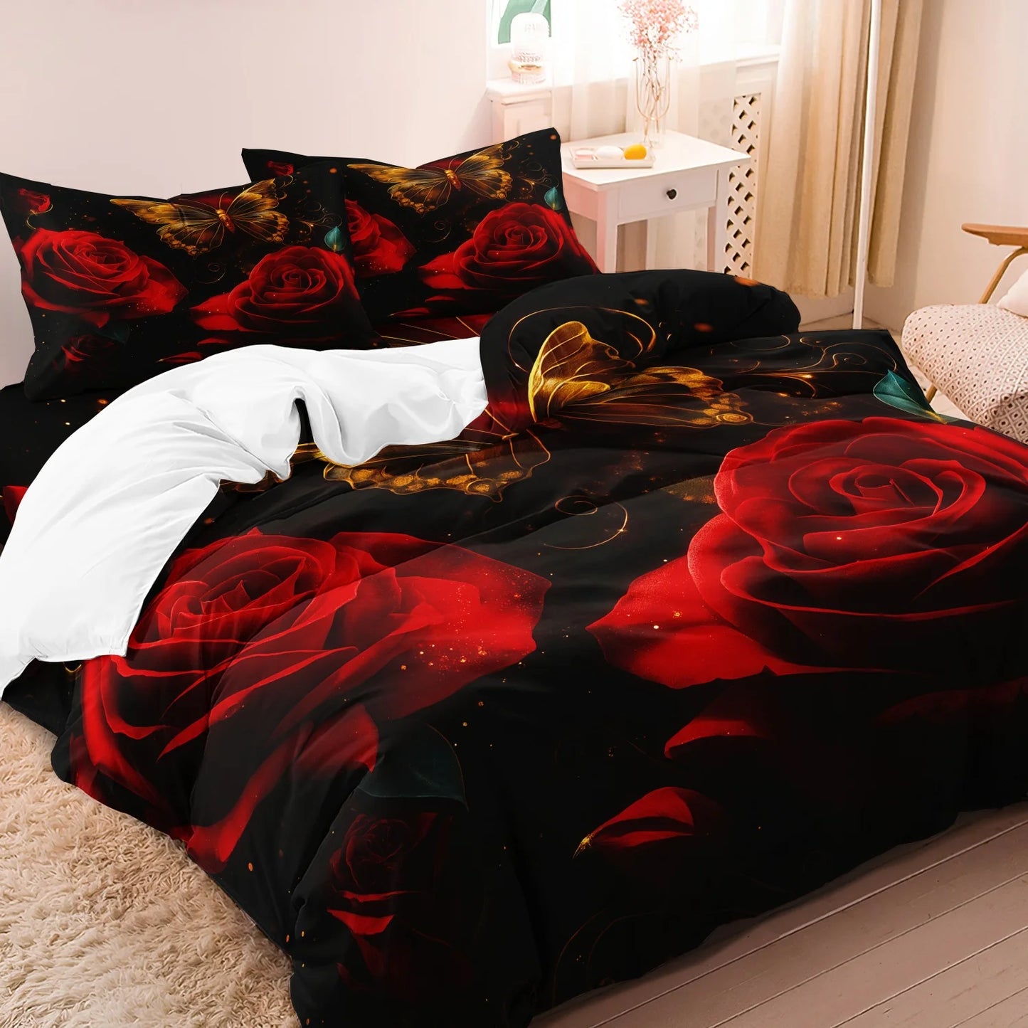 Set copripiumino da 3 pezzi con motivo romantico di rose e lettere a tema amore per San Valentino, adatto per camera da letto e camera degli ospiti.