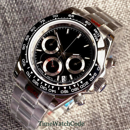 Orologio cronometro Tandorio da uomo, 39 mm, movimento al quarzo VK63, quadrante grigio, vetro zaffiro, cronografo completo, bracciale in acciaio inossidabile 316L, cinturino in gomma.
