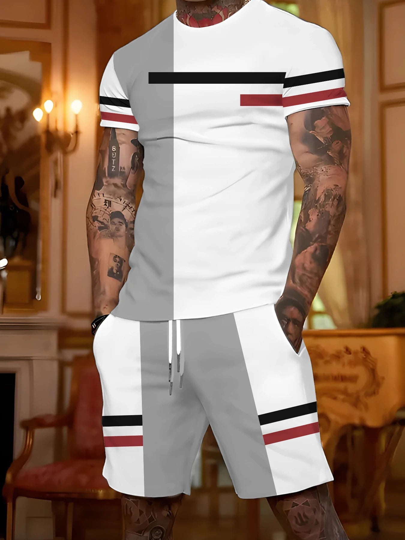 Completo versatile per ragazzi, ideale per tutti i giorni: t-shirt e pantaloncini con stampa accattivante blu e bianca, comodo set a due pezzi perfetto per uscire.