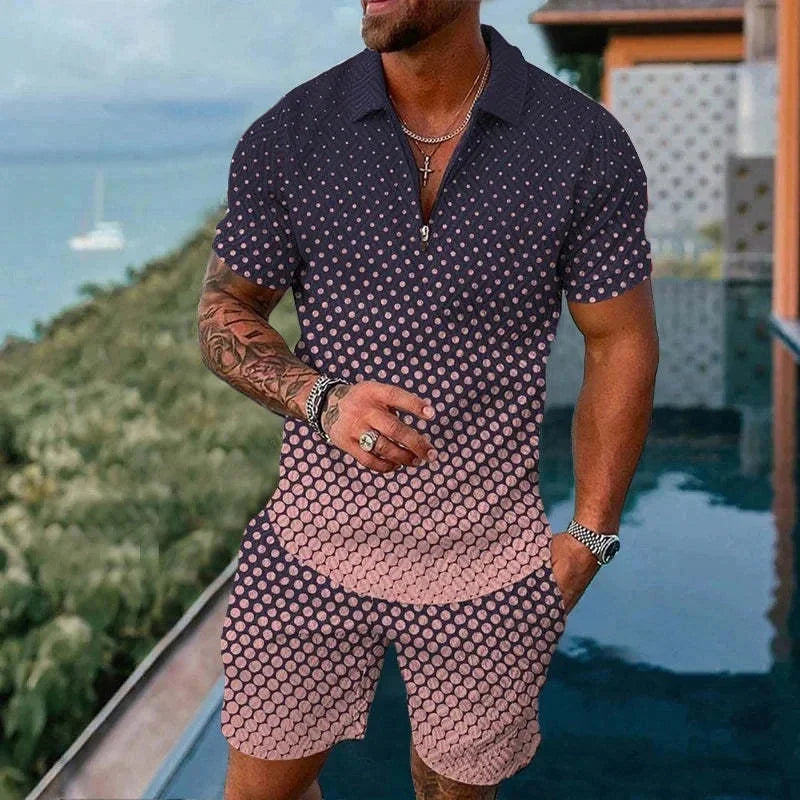 Completo da uomo composto da polo con cerniera, tinta unita, stampa 3D sfumata, colletto polo e pantaloncini. Abbigliamento estivo oversize per le vacanze alle Hawaii.
