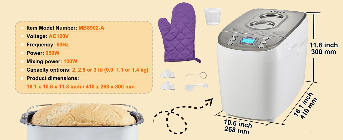 SucceBuy 2/3 LB Macchina per il pane Macchina per impastare 15 in 1 Teglia in ceramica antiaderente Macchina per il pane automatica con impostazione senza glutine