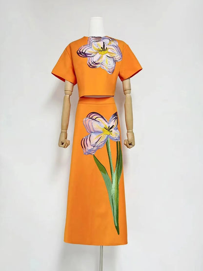 LGRQ 2025 New Summer Tound Neck Short Sleeves High Waist Printed Tshirt And A-line Long Skirt 2pcs