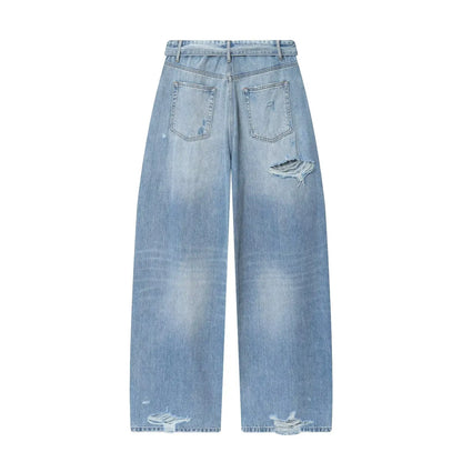ETJ 2025 women's new street fashion fold waist mid waist washed ripped jeans loose version of the floor-length pants