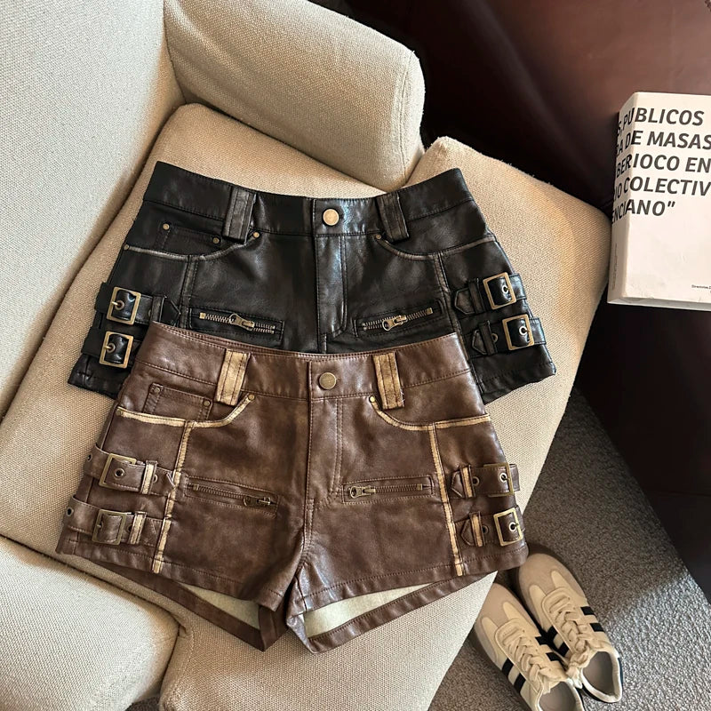 Women's Y2k Hot Girl Low Waist Pu Leather Shorts Lady Streetwear Faux Leather Slim Short Pants
