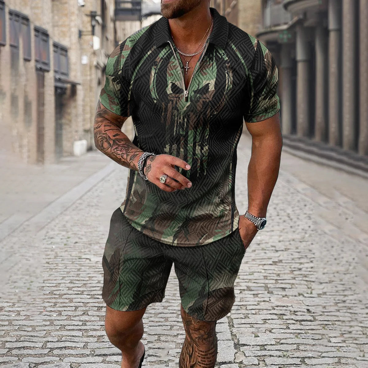 Completo estivo da uomo con stampa 3D, composto da polo con cerniera e pantaloncini, 2 pezzi, stile boho geometrico, abbigliamento per le vacanze.