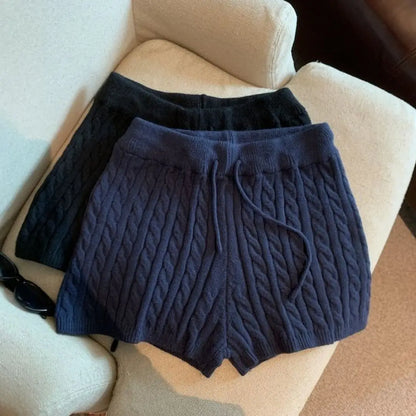 High Waist Drawstring Knitted Shorts Women's Basic Solid Color Casual Shorts American Style Autumn New Arrival Polyester Fiber