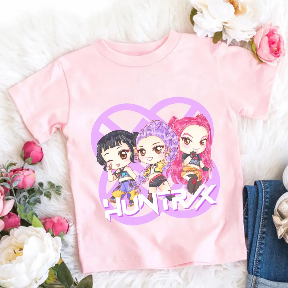 2026 Maglietta per bambine in morbido cotone con stampa del film KPop Demon Hunters - Regali per i fan - Abbigliamento per bambini - Top casual alla moda