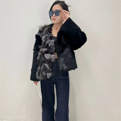 Real Rex Rabbit Fur Coat Women Autumn Winter Spliced Fox Fur Jacket Thick Warm New Elegant Female Warm Outerwear