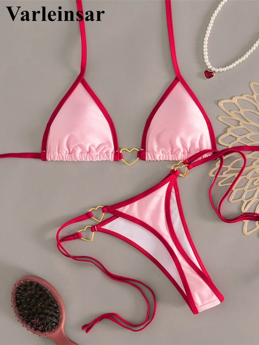 XS - L Bikini mini micro tanga con allacciatura al collo da donna Costume da bagno femminile Set bikini a due pezzi Costume da bagno imbottito V7595