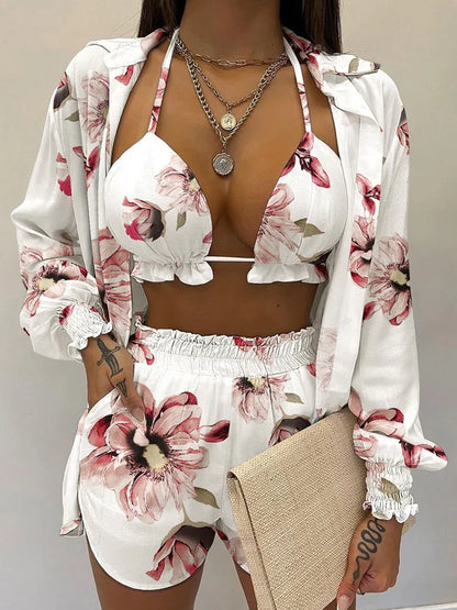 Three Pieces Swimwear Sexy Beachwear 2024 New Bathing Suit Shorts Cover Up Summer High Waist Bikini Set Print Women's Swimsuit