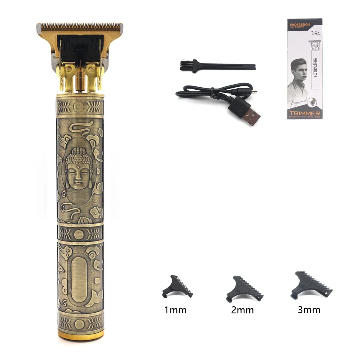 Professional T9 Hair Trimmer Stainless Steel Blade Metal Body with 9 Optional Limit Combs Cordless for Hair Beard Trimming