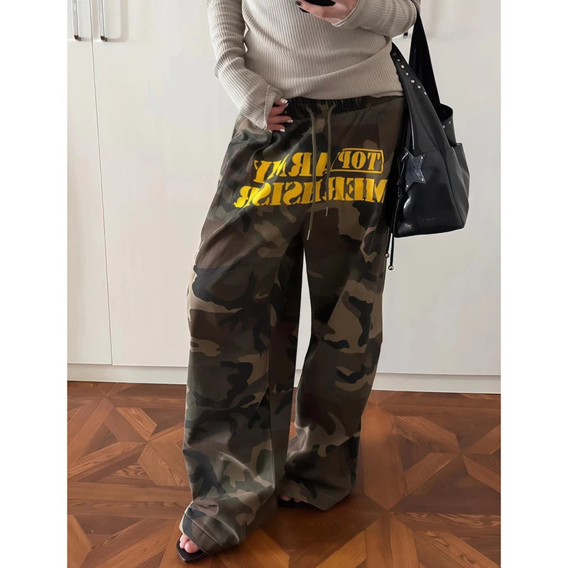 Pantaloni larghi mimetici da donna marroni, pantaloni oversize stile paracadute, stile Harajuku giapponese anni 2000, pantaloni vintage Y2k, abbigliamento autunnale