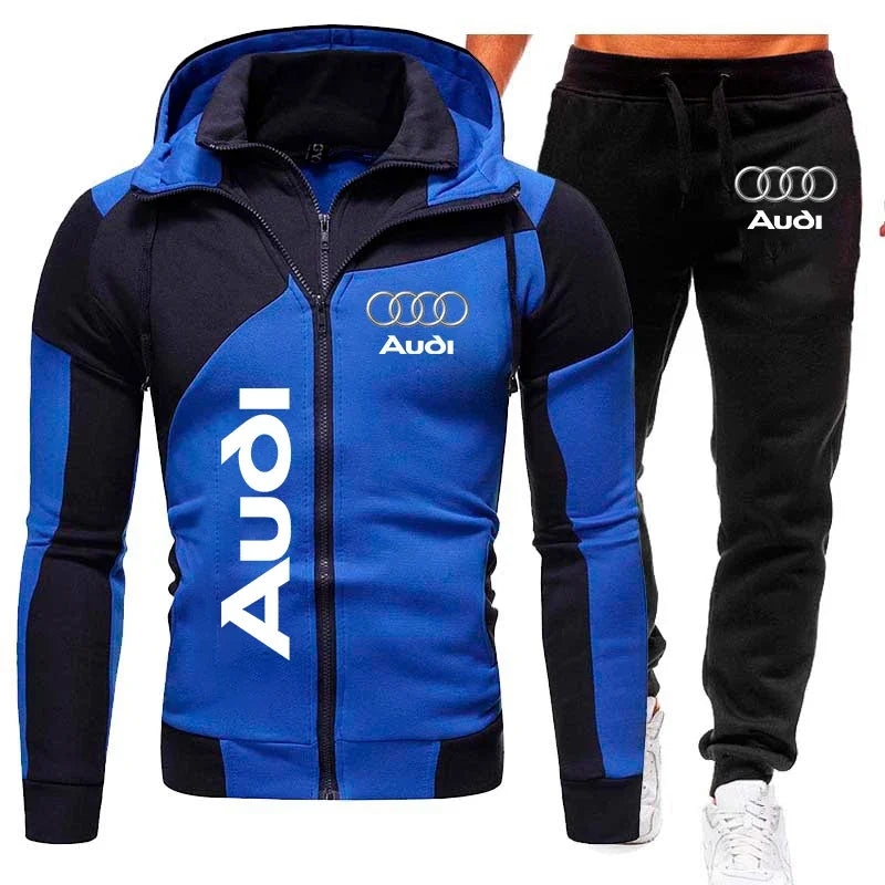 Tuta sportiva con logo Audi, set di 2 pezzi in pile caldo, felpa con cappuccio + pantaloni, tuta sportiva Audi da uomo