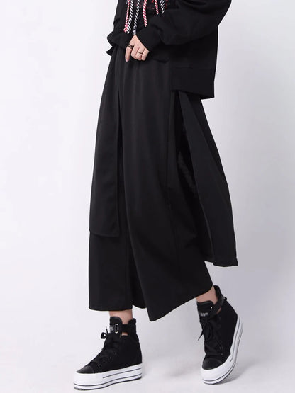 [EAM] High Elastic Waist Black Irregular Spliced Long Wide Leg Pants New Trousers Women Fashion Tide Spring Autumn 2026 1DJ1837