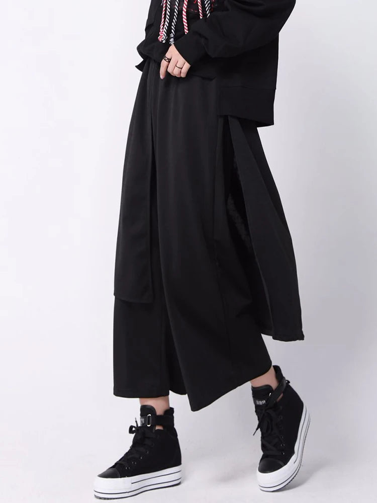 [EAM] High Elastic Waist Black Irregular Spliced Long Wide Leg Pants New Trousers Women Fashion Tide Spring Autumn 2026 1DJ1837