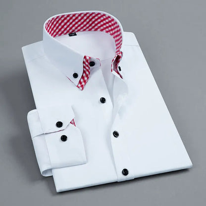 Camicia da uomo a maniche lunghe, non stirabile, a doppio strato, formale, vestibilità regolare, da ufficio, alla moda, bianca e blu.
