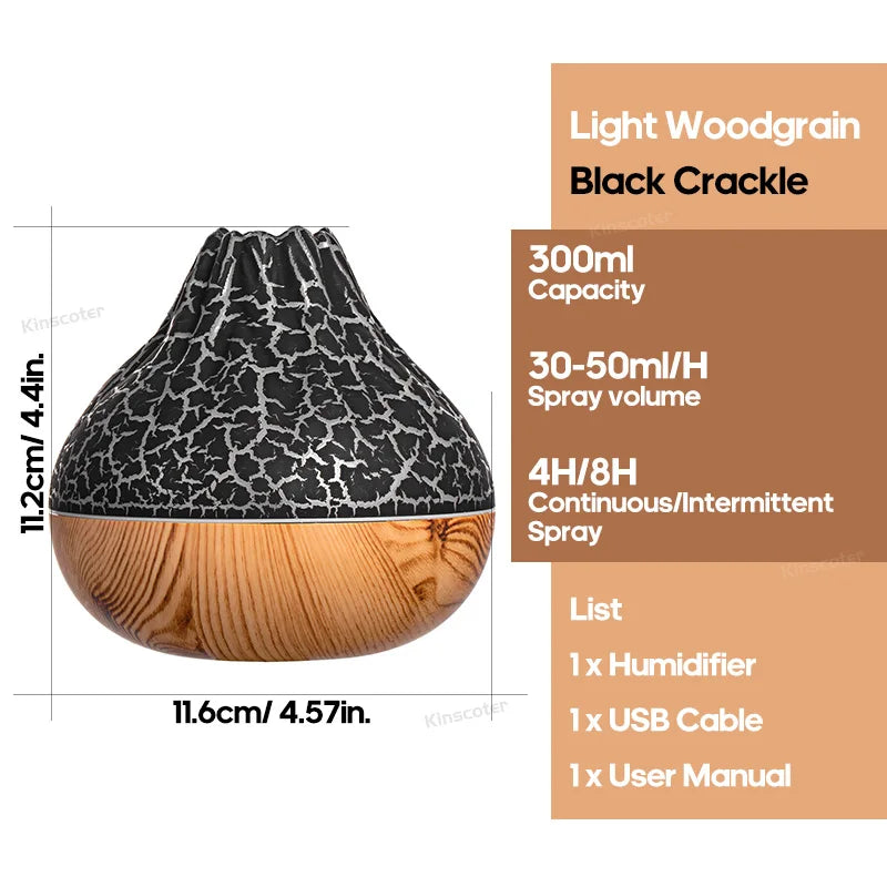Umidificatore d'aria Volcano da 300 ml, da tavolo, con USB, diffusore di vapore acqueo, purificatore d'aria, nebulizzatore e luce notturna colorata.