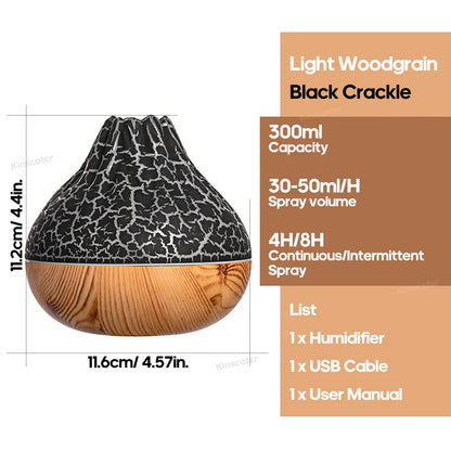 Umidificatore d'aria Volcano da 300 ml, da tavolo, con USB, diffusore di vapore acqueo, purificatore d'aria, nebulizzatore e luce notturna colorata.