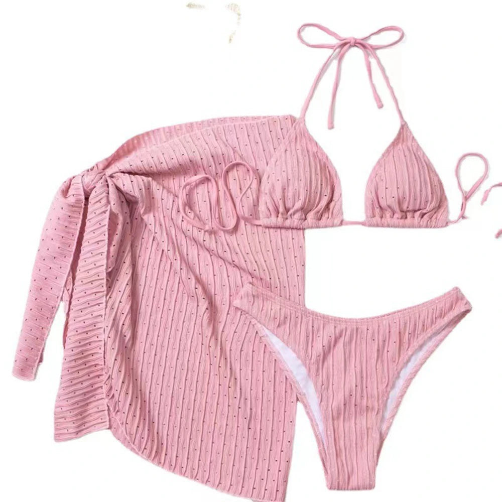 Bikini estivo 2025 a 3 pezzi con allacciatura al collo, costume da bagno sexy a perizoma in materiale speciale con gonna pareo, bianco/nero/rosa/verde, abbigliamento da spiaggia.