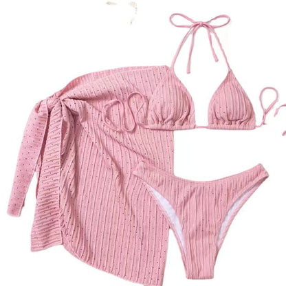 Bikini estivo 2025 a 3 pezzi con allacciatura al collo, costume da bagno sexy a perizoma in materiale speciale con gonna pareo, bianco/nero/rosa/verde, abbigliamento da spiaggia.