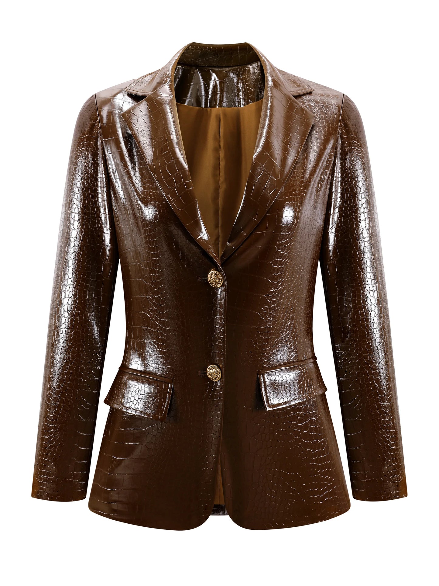 Women's Crocodile PU Leather Blazer, Retro Brown Fitted Jacket for Office & Professional Wear, All-Season Elegant Coat