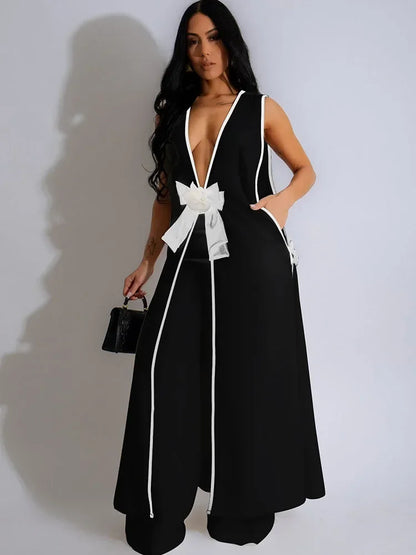 Completo coordinato da donna con due pezzi, elegante abito da compleanno in discoteca, top lungo senza maniche con scollo a V e pantaloni a gamba larga