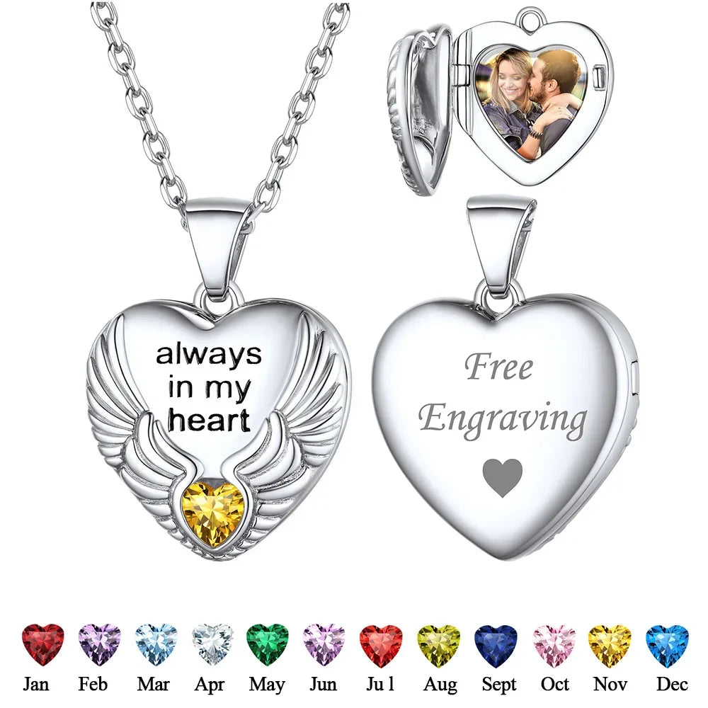 Ciondolo a forma di cuore con ali d'angelo in argento 925 U7 con pietre portafortuna, collana con ciondolo portafoto personalizzato per donna, gioiello commemorativo con foto di famiglia.