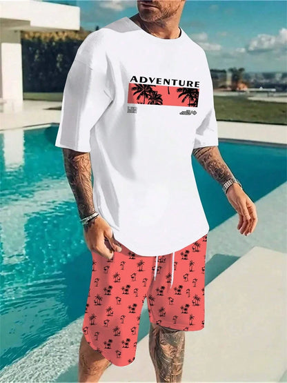Completo da uomo estivo alla moda con stampa hawaiana di cocco 2024, composto da t-shirt, pantaloncini e tuta sportiva traspirante a due pezzi con stampa 3D a maniche corte.