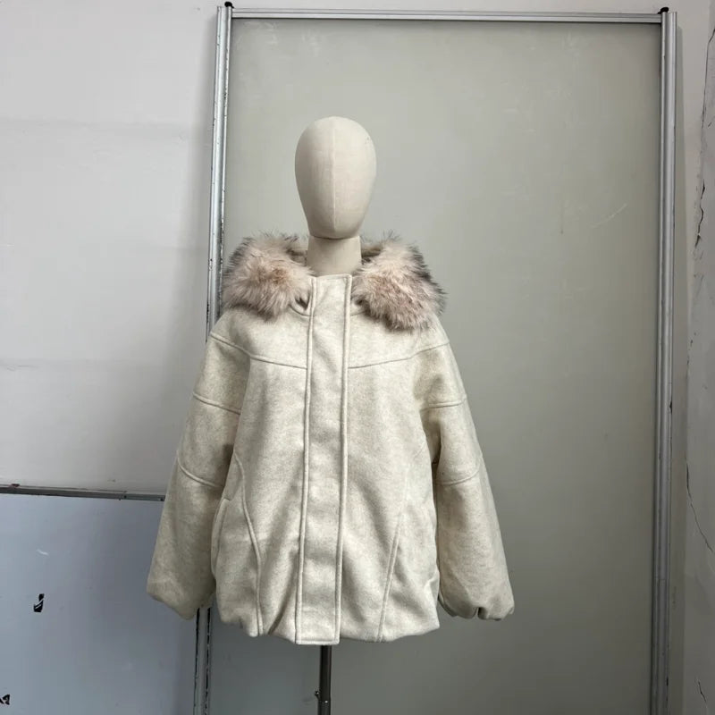 Oversized Winter Women's Coat Wide Faux Fur Collar Hooded Jacket Loose Single Breasted Outwears 2025 New Trendy Warm Lady Coats