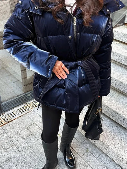 2026 Winter Shiny Hooded Cotton Jacket With Belt Women Elegant Long Sleeve Zipper Lace Up Coats Lady Y2K Street Warm Outerwear