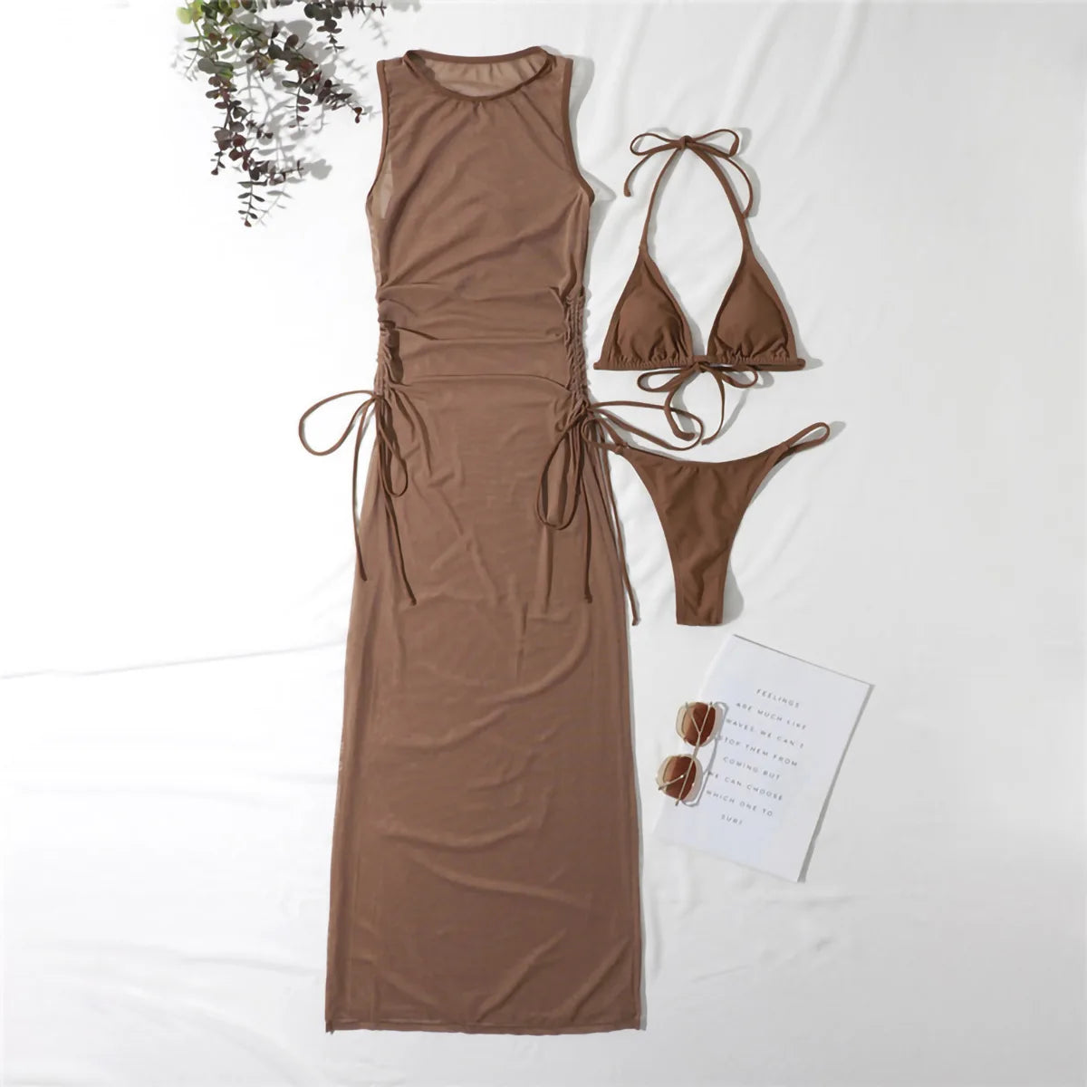 Women'S Bikini Set Solid Color Printing 3-Piece Set Beach Sexy Tight Low Waist Mesh Drawstring Split Style