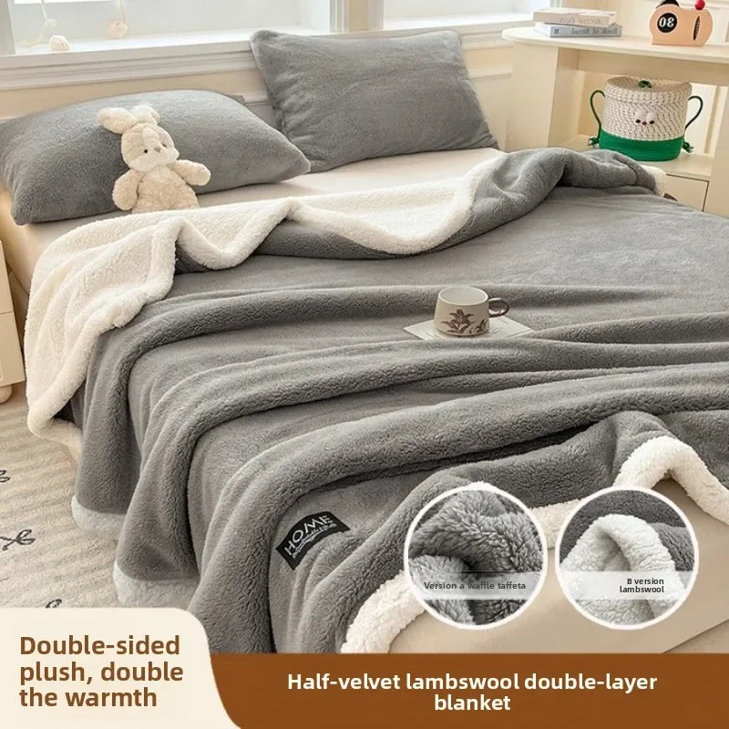 2025 A-Class Soft Cotton Half-Fleece Double-Layer Lamb Wool Blanket Solid Color Sofa Warm Autumn Winter Blanket