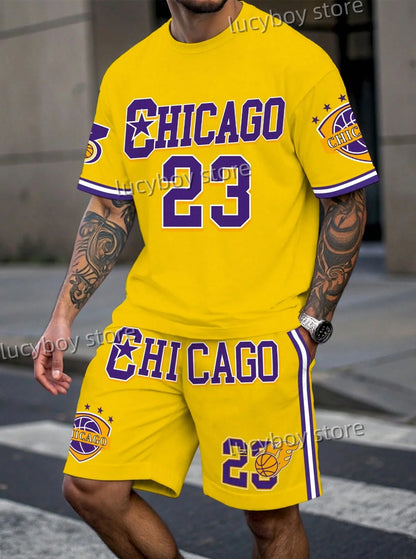 Nuovo set da uomo Chicago n. 23 con stampa, composto da maglietta a maniche corte gialla e pantaloncini, ideale per il basket e il jogging. Abbigliamento uomo.