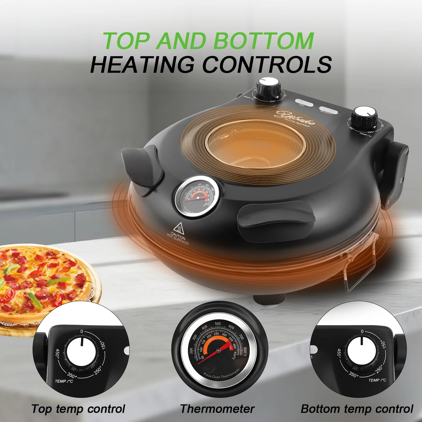 Forno elettrico per pizza YIBAKE da 12 pollici, antiaderente, per interni, con pietra in ceramica, riscalda fino a 420°C per deliziosi set da pizzeria al forno