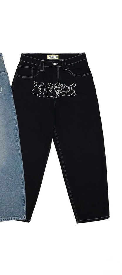 Jeans larghi a gamba dritta con tasche e design alla moda, modello a ali, stile coreano, nuovi pantaloni in denim di tendenza