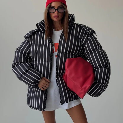 2025 Winter Striped Women's Hooded Quilted Jacket Thicken Zipper Long Sleeve Short Coat New Casual Female Loose Warm Outerwear