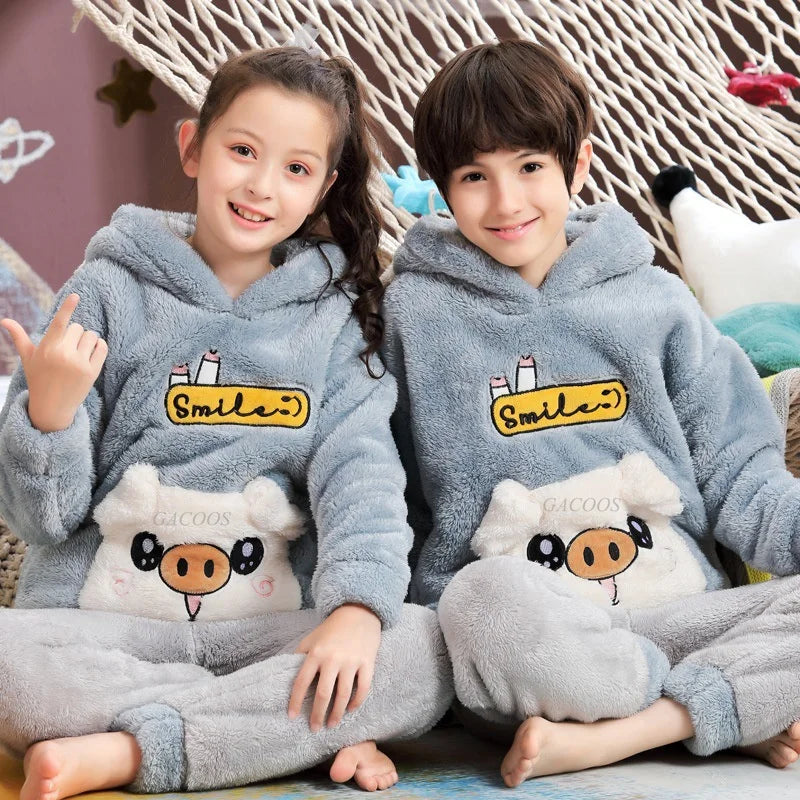 Pigiama invernale caldo per ragazzi con animali dei cartoni animati, set pigiama per bambini in pile di corallo, completo da casa in flanella con cappuccio, pigiama per ragazzi