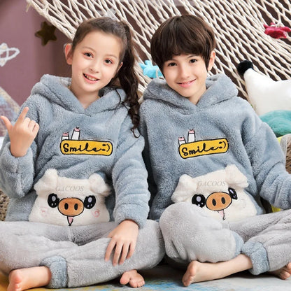 Pigiama invernale caldo per ragazzi con animali dei cartoni animati, set pigiama per bambini in pile di corallo, completo da casa in flanella con cappuccio, pigiama per ragazzi
