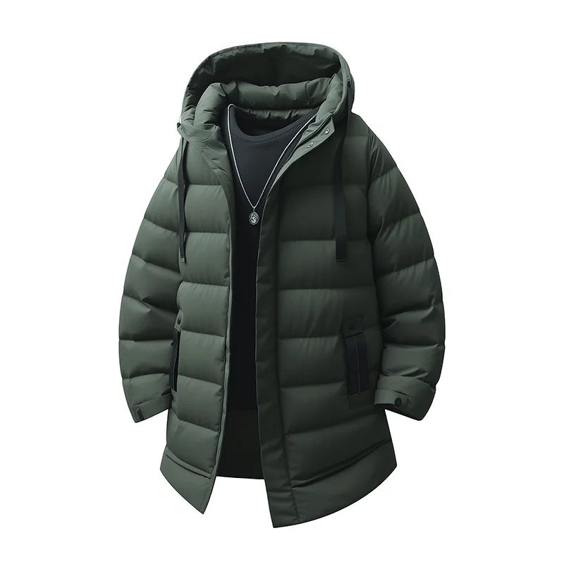 Warm Hooded Cotton Jacket Men's Mid-Length Youthful Autumn Winter Fashionable Bamboo Fiber Polyester Filled Coat for Teens