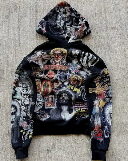 Felpa con cappuccio e zip da uomo in stile punk, fantasia multicolore, stile gotico waffle, capospalla street fashion, vestibilità ampia, taglie forti.