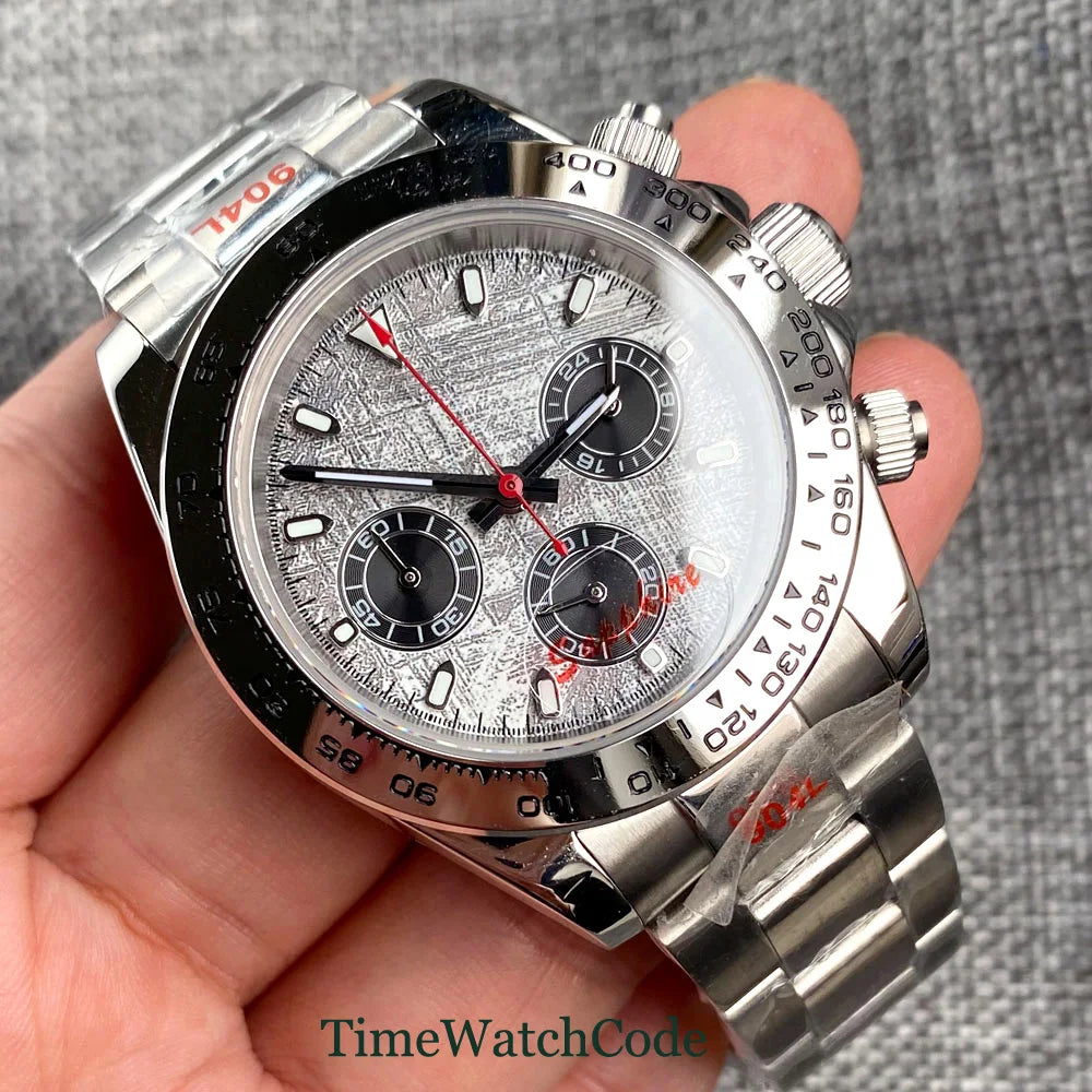 Orologio cronometro Tandorio da uomo, 39 mm, movimento al quarzo VK63, quadrante grigio, vetro zaffiro, cronografo completo, bracciale in acciaio inossidabile 316L, cinturino in gomma.
