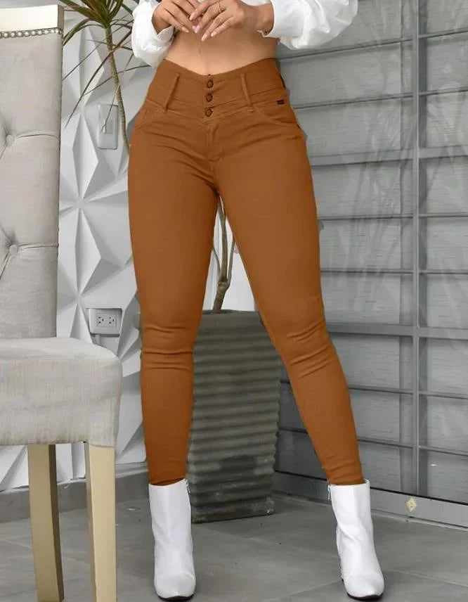 Pantaloni da donna lunghi, aderenti, a vita alta, color kaki, tinta unita, lunghezza alla caviglia.