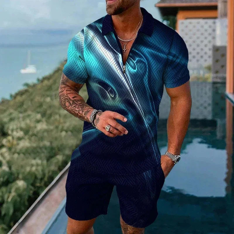 Completo da uomo composto da polo con cerniera, tinta unita, stampa 3D sfumata, colletto polo e pantaloncini. Abbigliamento estivo oversize per le vacanze alle Hawaii.