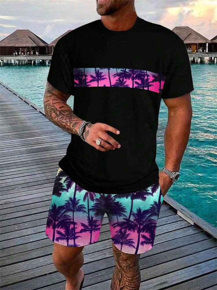 Completo da uomo estivo alla moda con stampa hawaiana di cocco 2024, composto da t-shirt, pantaloncini e tuta sportiva traspirante a due pezzi con stampa 3D a maniche corte.