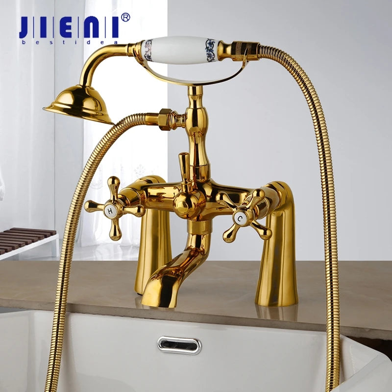 JIENI Bathtub Shower Faucet 2 Handles Telephone Style Faucets  Multiple Style Deck Mounted Hot Cold Tap W/ Handheld Showerhead