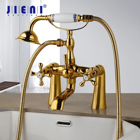 JIENI Bathtub Shower Faucet 2 Handles Telephone Style Faucets  Multiple Style Deck Mounted Hot Cold Tap W/ Handheld Showerhead